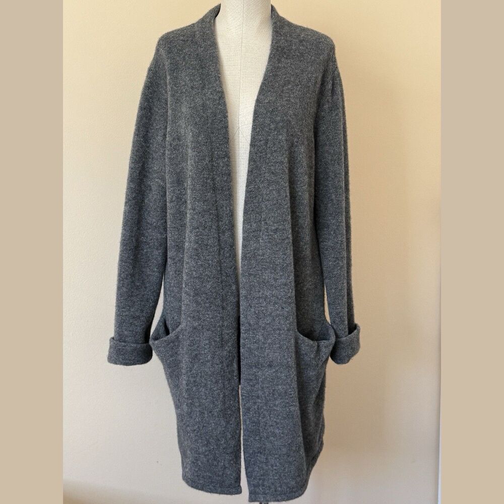 Jenni Kayne Cardigan Sweater Women Medium Tall Gray Lightweight Merino Wool Long